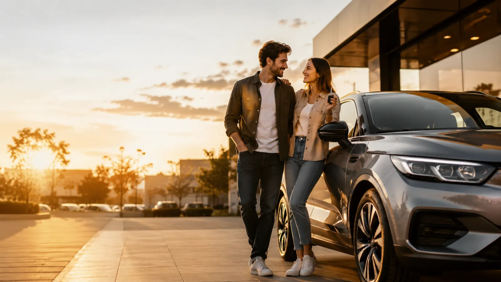 Una pareja junto a su vehículo al atardecer